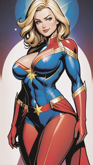 midshot, ultra detailed illustration Disney Marvel Captain Marvel with a provocative smile in a provocative pose, she is Stunningly gorgeous seductively with a perfect body (tetradic colors) and amazing big breasts cel-shading style, centered image,  inkpunk, ink lines, light particles, strong outlines, art nouveau, art by MSchiffer, bold traces, unframed, high contrast, cel-shaded, vector, art by MSchiffer, she wears only stockings with red garter belt, zoom out view,gaping nipples,heart_areola,detailmaster2