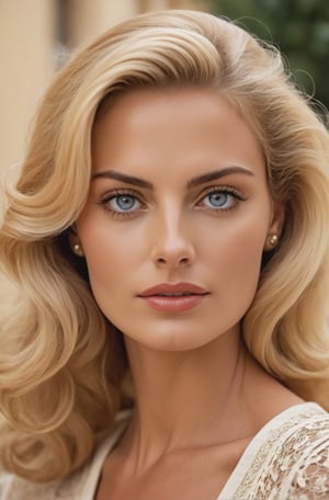 A ultra-realistic photo, from a 30 year old Italian woman. She has long blond golden voluminous smooth hair, expressive blue eyes, expressive eyebrows and beautiful traces. Her face reminds Sophia Loren . She is tall and thin. Her skin tone is golden, like she was on the beach for some days. She lives in Rome in the Dolce Vita time, back on the years 50’s. She has a Italian vintage look. A very elegant woman, from now on we are going to call her FRANCA. 8k, Ultra high quality image, OLED, High definition, stoic cinematic 4k epic detailed 4k epic detailed photograph shot on kodak detailed bokeh cinematic hbo dark moody 