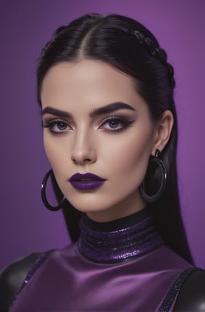 Photorealistic, Portrait of European women, dark purple-black long straight balayage hair, black huge thin hoop earrings, black large bold eyelines, purple bold eyeshadows, huge eyelashes, black leather turtleneck dress, purple lips
stoic cinematic 4k epic detailed 4k epic detailed photograph shot on kodak detailed bokeh cinematic hbo dark moody 