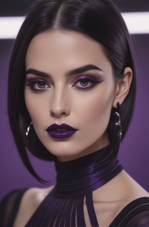 Photorealistic, Portrait of European women, dark purple-black long straight balayage hair, black huge thin hoop earrings, black large bold eyelines, purple bold eyeshadows, huge eyelashes, black leather turtleneck dress, purple lips
stoic cinematic 4k epic detailed 4k epic detailed photograph shot on kodak detailed bokeh cinematic hbo dark moody 