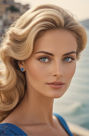 A ultra-realistic photo, from a 30 year old Italian woman. She has long blond golden voluminous smooth hair, expressive blue eyes, expressive eyebrows and beautiful traces. Her face reminds Sophia Loren . She is tall and thin. Her skin tone is golden, like she was on the beach for some days. She lives in Rome in the Dolce Vita time, back on the years 50’s. She has a Italian vintage look. A very elegant woman, from now on we are going to call her FRANCA. 8k, Ultra high quality image, OLED, High definition, stoic cinematic 4k epic detailed 4k epic detailed photograph shot on kodak detailed bokeh cinematic hbo dark moody 