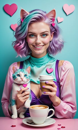 an image of a smiling woman with purple and pink hair and hearts, with her cat and coffee, in the style of photorealistic fantasies, barbiecore, light turquoise and dark pink, bright luster, colorful drawings, wavy, lovecore 