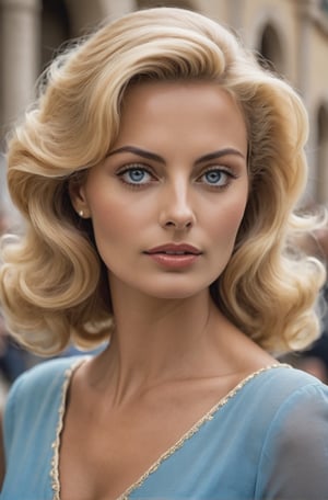 A ultra-realistic photo, from a 30 year old Italian woman. She has long blond golden voluminous smooth hair, expressive blue eyes, expressive eyebrows and beautiful traces. Her face reminds Sophia Loren . She is tall and thin. Her skin tone is golden, like she was on the beach for some days. She lives in Rome in the Dolce Vita time, back on the years 50’s. She has a Italian vintage look. A very elegant woman, from now on we are going to call her FRANCA. 8k, Ultra high quality image, OLED, High definition, stoic cinematic 4k epic detailed 4k epic detailed photograph shot on kodak detailed bokeh cinematic hbo dark moody ,more detail XL