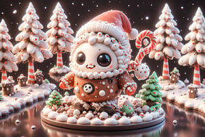 Illustrate an isometric image of an animated hot chocolate mug with a friendly expression, sitting in a chocolate river landscape dotted with marshmallow hills and candy cane trees.,chibi,ral-chrcrts