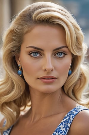 A ultra-realistic photo, from a 30 year old Italian woman. She has long blond golden voluminous smooth hair, expressive blue eyes, expressive eyebrows and beautiful traces. Her face reminds Sophia Loren . She is tall and thin. Her skin tone is golden, like she was on the beach for some days. She lives in Rome in the Dolce Vita time, back on the years 50’s. She has a Italian vintage look. A very elegant woman, from now on we are going to call her FRANCA. 8k, Ultra high quality image, OLED, High definition, stoic cinematic 4k epic detailed 4k epic detailed photograph shot on kodak detailed bokeh cinematic hbo dark moody ,more detail XL