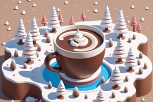 Illustrate an isometric image of an animated hot chocolate mug with a friendly expression, sitting in a chocolate river landscape dotted with marshmallow hills and candy cane trees.