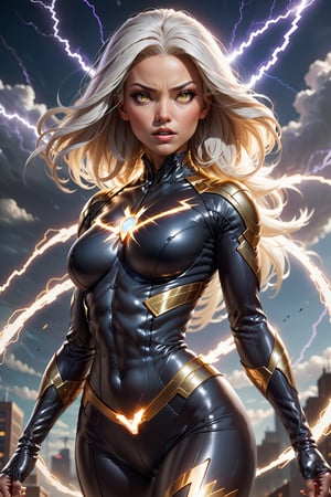 Imagine a dynamic scene featuring of iconic Marvel X men Comics Storm character, lady_electro mixed lady_black-lighting, heroin, superhero, sparkle, spark, glow. black suit with golden details with short black cape. electricity that runs through your entire body. Visualize it wrapped in lightning, sexy pose, very big breasts, swaying, radiating an intense discharge. Create a message for a super-detailed 16k Ultra HDR image that captures the essence of the human lightning bolt: perfect face, lightning strike, and dynamic pose. Choose a background that complements your character, creating a cinematic masterpiece with high realism and top-notch image quality