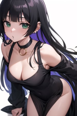masterpiece, portrait, pa-san, black hair, green eyes, earring, blunt bangs, long hair, colored inner hair, purple hair, sleeves past fingers, medium breasts, chin piercing, detached sleeves, choker, gothic, dress,Perfect female body,{{{masterpiece}}},{extremely detailed CG unity 8k wallpaper},best quality,Amazing,finely detail,solo,close-up,beautiful detailed eyes,{{full body}},looking at front,detailed clothes,beautiful detailed eyes,
