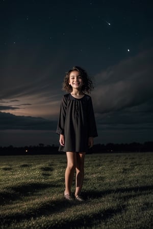 the iconic features of young Gia Marie Carangi girl, Black dress, gray eyes, medium wavy hair, medium chest, Black hair, against the night sky, summer night, portrait, serenity, innocence, dreaminess, dark exposure, bright colors,dark tones, Clouds,full body, smiling
