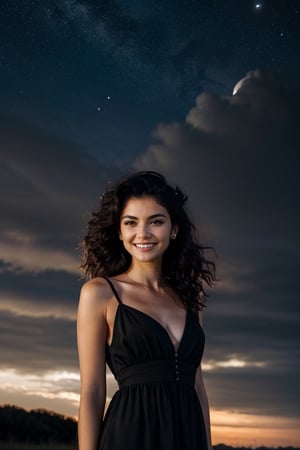 the iconic features of young Gia Marie Carangi  Black dress, gray eyes, medium wavy hair, medium chest, Black hair, against the night sky, summer night, portrait, serenity, innocence, dreaminess, dark exposure, bright colors,dark tones, Clouds,full body, smiling
