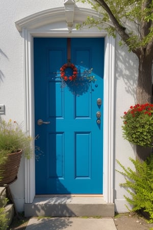 flower, outdoors, day, water, tree, no humans, traditional media, beach, plant, red flower, scenery, cobalt color door,  sea seen through the open door