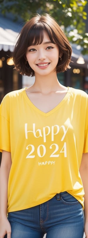 best quality, masterpiece, (photorealistic:1.4), 1girl, brown and whiteish short hair , v neck short sleeve shirt, oversized tank, short skirts,outdoor, cafe, (happy:0.88), ("HAPPY 2024" small yellow text logo on her shirt:1.5),Seattle city, very soft bobbies ,REALISTIC, full body, overjoyed expression,  blue jeans,  snowing, night vibe romantic, holiday vibe, beautiful night life, full body, wear snickers 