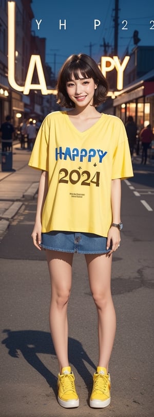 best quality, masterpiece, (photorealistic:1.4), 1girl, brown and whiteish short hair , v neck short sleeve shirt, oversized tank, short skirts,outdoor, cafe, (happy:0.88), ("HAPPY 2024" small yellow text logo on her shirt:1.5),Seattle city, very soft bobbies ,REALISTIC, full body, overjoyed expression,  blue jeans,  snowing, night vibe romantic, holiday vibe, beautiful night life, full body, wear snickers 