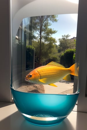 A  beautiful fish, yellow and orange colors mixed, inside big glass,  wide and big glass, clean water, focus ,4k, canon, ultra-detailed , 
background: trees seen through thr opened window 