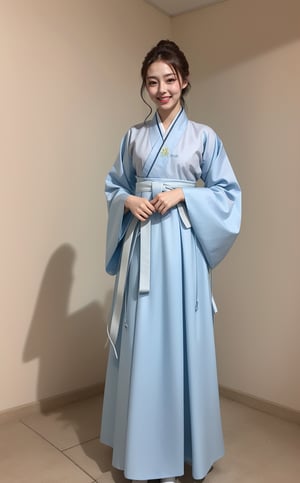 Hanbok, a gorgeous girl, smiling, white face, looking to viewer, (full_body shot:1.3), aesthetic, romance_mood ,kwon-nara