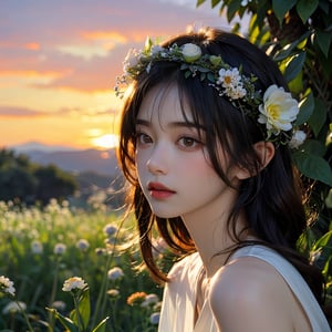 1 girl, charming, masterpiece, best quality, portrait, Flower Wreath, ultra realistic, sunset, nature landscape, nature light, flower gardern, ,Flower Wreath