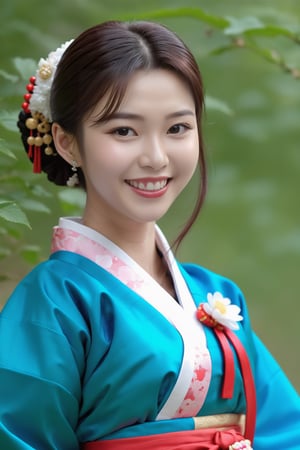 Hanbok, a gorgeous girl, smiling, white face, looking to viewer, full_body shot, aesthetic, romance_mood ,kwon-nara