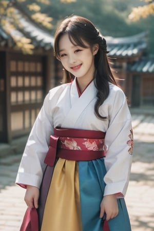 Hanbok, a gorgeous girl, smiling, white face, looking to viewer, full_body shot, aesthetic, romance_mood 