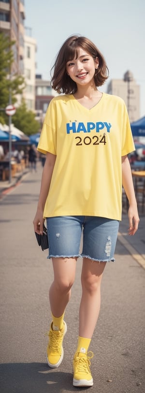 best quality, masterpiece, (photorealistic:1.4), 1girl, brown and whiteish short hair , v neck short sleeve shirt, oversized tank, short skirts,outdoor, cafe, (happy:0.88), ("HAPPY 2024" small yellow text logo on her shirt:1.5),Seattle city, very soft bobbies ,REALISTIC, full body, overjoyed expression,  blue jeans,  snowing, night vibe romantic, holiday vibe, beautiful night life, full body, wear snickers 