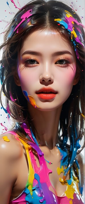 Ultra detailed Ultra realistic portrait of a beautiful woman covered by glistening and colorful and 
transparent  paints with flowy, 8kUHD, neon glow ,LinkGirl, from below 