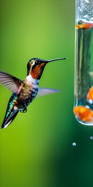 (Wtrcolor humming bird tilted diving into water  and holding small fish in mouth), natural light, perfect composition, beautiful detailed intricate insanely detailed , photograph by Nikon D850, film, bokeh, professional, 4k, highly detailed