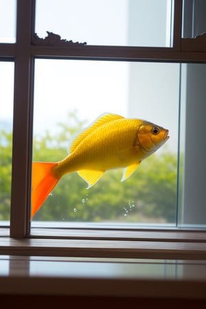 A  beautiful fish, yellow and orange colors mixed, inside big glass,  wide and big glass, clean water, focus ,4k, canon, ultra-detailed , 
background: trees seen through thr opened window 