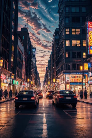Night view, sunset sky, (masterpiece,best quality,ultra-detailed,16K,intricate, realistic,high contrast,photorealistic,HDR,vibrant color,RAW photo),city scenery,intersection of big city street,busy street,sophisticated city,bokeh, cinematic shot,High detailed,midjourney,