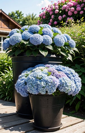 (best quality,8K,highres,masterpiece), ultra-detailed, (photo-realistic, lifelike) photography showcasing the vibrant beauty of  skyblue Hydrangeas in full bloom. 
On the red and large flower pot, 
Background: deck of old house, green grasses 