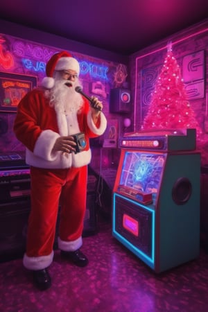 (Santa Claus) singing in cyberpunk karaoke 
room,   a single neon light in the shape of a christmas tree on the wall, oversized retro boombox with stacks of cassette tapes and retro arcade game cabinets,  neon christmas decorations, 16K, neon photography style