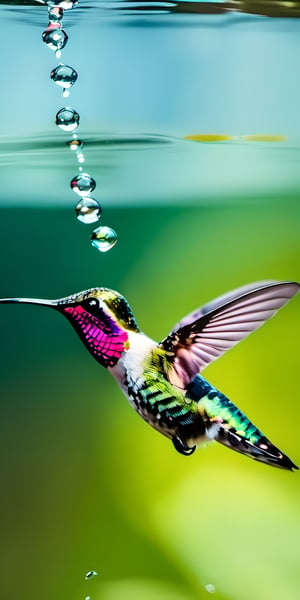 Wtrcolor humming bird, tilted diving into water , natural light, perfect composition, beautiful detailed intricate insanely detailed , photograph by Nikon D850, film, bokeh, professional, 4k, highly detailed