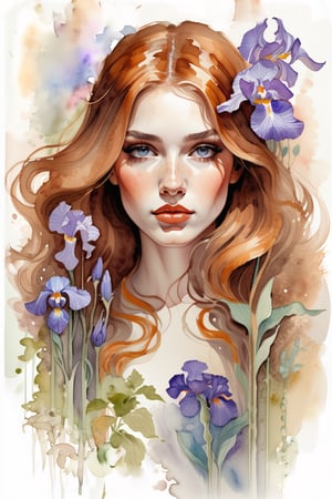(watercolor drawing:1.4), portrait, beautiful girl, long flowing curly auburn hair, 
Background  : surrounded by iris and leaves with colors smuggling,  chiffon, floral embroidery, botanical, elaboration, high detail, glass and stone, intricate details, elegant, aesthetic, lineout, high quality, work of art, hyper-detailed, professional, filigree, hazy, super-detailed, muted colors, style Stephanie Law and Alphonse Mucha and Carne Griffiths,art,ink , puple diluted 