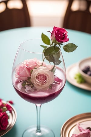 flowers, artist name, signature, blurry, cup, petals, no humans, depth of field, rose, pink flower, alcohol, drinking glass, bouquet, realistic, glass, wine glass, pink rose, food focus, still life