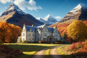 masterpiece, best quality, official_art, aesthetic and beautiful, potrait of an highland old grand house, on Scotland, mountain, huge grewn field, autumn_leaves, fall_season, no_humans