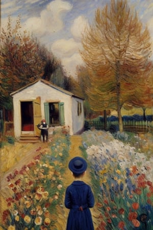 Oilpainting, autumn day,  small garage faraway ,photo r3al,impressionism, ((a cut girl looking at views )), having hat, holding a big bundle of flowers, around flowers fields 