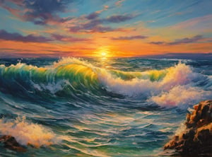 sea shoar, sunset time, waves splashing to the shoars,crayon