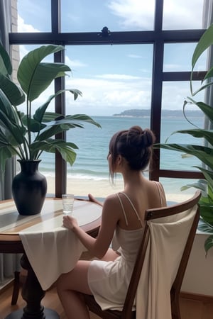 1girl, solo, brown hair, dress, sitting, flower, indoors, hair bun, from behind, white dress, window, ocean, chair, traditional media, table, single hair bun, plant, vase