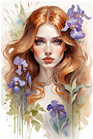 (watercolor drawing:1.4), portrait, beautiful girl, long flowing curly auburn hair, 
Background  : surrounded by iris and leaves with colors smuggling,  chiffon, floral embroidery, botanical, elaboration, high detail, glass and stone, intricate details, elegant, aesthetic, lineout, high quality, work of art, hyper-detailed, professional, filigree, hazy, super-detailed, muted colors, style Stephanie Law and Alphonse Mucha and Carne Griffiths,art,ink , puple diluted 