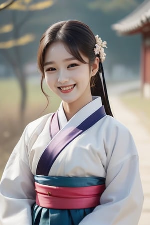 Hanbok, a gorgeous girl, smiling, white face, looking to viewer, full_body shot, aesthetic, romance_mood 