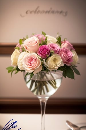 flowers, artist name, signature, blurry, cup, petals, no humans, depth of field, rose, pink flower, alcohol, drinking glass, bouquet, realistic, glass, wine glass, pink rose, food focus, still life