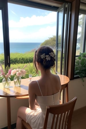 1girl, solo, brown hair, dress, sitting, flower, indoors, hair bun, from behind, white dress, window, ocean, chair, traditional media, table, single hair bun, plant, vase