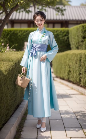 Hanbok, a gorgeous girl, smiling, white face, looking to viewer, (full_body shot:1.3), aesthetic, romance_mood ,kwon-nara,  
Background: spring garden, bright green