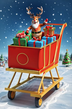 flying Rudolph carrying a big cart that filled so many gifts