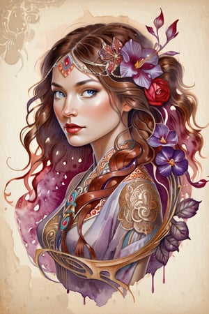 (watercolor drawing:1.4), portrait, beautiful girl, long flowing curly auburn hair,
 (Background  : smuggled and spread with red and purple colors:1.4)
floral embroidery,high detail, intricate details, elegant, aesthetic, lineout, high quality, work of art, hyper-detailed, professional, filigree, hazy, super-detailed, muted colors, style Stephanie Law and Alphonse Mucha and Carne Griffiths,art,ink , puple diluted 