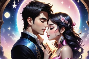 (Fidelity: 1.0), (masterpiece:1.5), (best quality:1.5), (ultra-detailed:1.5), (32K resolution:1.5), (close-up:1.2), 32K magical romantic Taiwanese comic art style, young cute romantic Taiwanese heterosexual close-up, full body, big eyes, detailed face and fingers, short-haired Taiwanese handsome boy and his beautiful Taiwanese girlfriend kiss next to a extremely (giant fantasy hourglass), best starlight romance, blue-pink gradient filter, exquisite quality, 32K, 32K high quality, intricate lighting, luminism, very high details, sharp background, mysticism, (Magic), 32K, 32K (close-up), 32K (Beautifully Detailed Face and Fingers), (Five Fingers), cinematic glowing light effects,DonMSn0wM4g1cXL,DonMC1rcu17Pl4nXL,DonMSt34mPXL,DonMD4rkT00nXL 