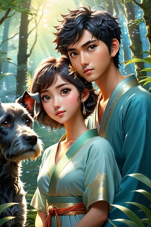 (Masterpiece, Best Quality: 1.5), 32K Magical Fantasy Romantic Line Art, Alpacifista. young, shiny, milky skin, a stunningly amazingly adorable big-eyes ((Taiwanese-teenage-couple)), who look like (sakimichan and makoto shinkai), 1boy and 1girl side by side, in a shimmering azure forest, a young Taiwanese teenage couple stroll hand in hand, accompanied by their beloved green schnauzer with head horns. The trio is bathed in the soft glow of the cerulean sky and the brilliant azure sun descending in the background. This dynamic and vivid image, likely a detailed painting, captures the couple's carefree spirit and the bond they share with their loyal canine companion. The rich hues and intricate details create a mesmerising scene that exudes tranquillity and harmony. intricate details, very high details, sharp background, mysticism, (Magic), 32K, 32K Quality close-up, (Beautifully Detailed Face and Fingers), (Five Fingers) Each Hand, creative glowing effect,