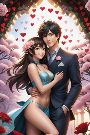 32K Magical Fantasy Sweet Valentine Line Art, Alpacifista. In this breathtaking image, a stunningly adorable sexy Taiwanese smiling teenage couple, who look like (sakimichan and makoto shinkai), in the most romantic sexy scenes ever, sexy couple, half-naked with flowers covered, intricate detail, very high detail, sharp background, mysticism, (magic), 32k, 32K quality, (beautifully detailed face and fingers), (five fingers) on each hand, creative fantasy glow effect,shards
