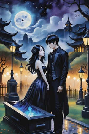 (Fidelity: 1.0), (Masterpiece, Best Quality: 1.5), Create a 32K 3D fantasy alcohol ink art of an aesthetic gothic Taiwanese manga scene. It's a spooky night during Ghost Month: a close-up of a young, adorable Taiwanese couple in a park. Suddenly, thousands of coffins appear without a sign, surrounding the couple in the eerie darkness. The background and atmosphere should echo the emotional intensity and swirling, chaotic elements reminiscent of "The Scream" by Edvard Munch. Ensure exquisite quality and a haunting, yet beautiful, blend of both styles
