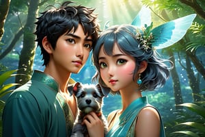 (Masterpiece, Best Quality: 1.5), 32K Magical Fantasy Romantic Line Art, Alpacifista. young, shiny, milky skin, a stunningly amazingly adorable big-eyes ((Taiwanese-teenage-couple)), who look like (sakimichan and makoto shinkai), 1boy and 1girl side by side, in a shimmering azure forest, a young Taiwanese teenage couple stroll hand in hand, accompanied by their beloved green schnauzer with head horns. The trio is bathed in the soft glow of the cerulean sky and the brilliant azure sun descending in the background. This dynamic and vivid image, likely a detailed painting, captures the couple's carefree spirit and the bond they share with their loyal canine companion. The rich hues and intricate details create a mesmerising scene that exudes tranquillity and harmony. intricate details, very high details, sharp background, mysticism, (Magic), 32K, 32K Quality close-up, (Beautifully Detailed Face and Fingers), (Five Fingers) Each Hand, creative glowing effect,DonM3lv3nM4g1cXL,stworki,dragon,DonMB4nsh33XL ,potma style,shards