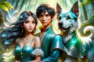 (Masterpiece, Best Quality: 1.5), 32K Magical Fantasy Romantic Line Art, Alpacifista. young, shiny, milky skin, a stunningly amazingly adorable big-eyes ((Taiwanese-teenage-couple)), who look like (sakimichan and makoto shinkai), 1boy and 1girl side by side, in a shimmering azure forest, a young Taiwanese teenage couple stroll hand in hand, accompanied by their beloved green schnauzer with head horns. The trio is bathed in the soft glow of the cerulean sky and the brilliant azure sun descending in the background. This dynamic and vivid image, likely a detailed painting, captures the couple's carefree spirit and the bond they share with their loyal canine companion. The rich hues and intricate details create a mesmerising scene that exudes tranquillity and harmony. intricate details, very high details, sharp background, mysticism, (Magic), 32K, 32K Quality close-up, (Beautifully Detailed Face and Fingers), (Five Fingers) Each Hand, creative glowing effect,DonM3lv3nM4g1cXL,stworki,dragon,DonMB4nsh33XL 