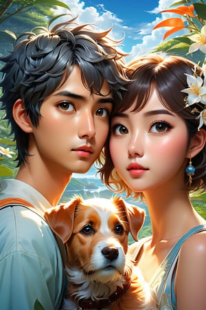 (Masterpiece, Best Quality: 1.5), 32K Magical Fantasy Romantic Line Art, Alpacifista. young, shiny, milky skin, a stunningly amazingly adorable big-eyes ((Taiwanese-teenage-couple)), who look like (sakimichan and makoto shinkai), 1boy and 1girl side by side, in a shimmering azure forest, a young Taiwanese teenage couple stroll hand in hand, accompanied by their beloved orange schnauzer with head horns. The trio is bathed in the soft glow of the cerulean sky and the brilliant azure sun descending in the background. This dynamic and vivid image, likely a detailed painting, captures the couple's carefree spirit and the bond they share with their loyal canine companion. The rich hues and intricate details create a mesmerising scene that exudes tranquillity and harmony. intricate details, very high details, sharp background, mysticism, (Magic), 32K, 32K Quality close-up, (Beautifully Detailed Face and Fingers), (Five Fingers) Each Hand, creative glowing effect,
